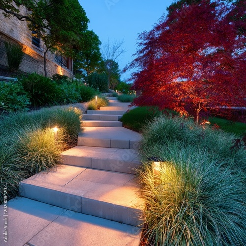 Pathway Lined With Lights Through the Garden at Dusk With Trees and Grass Around