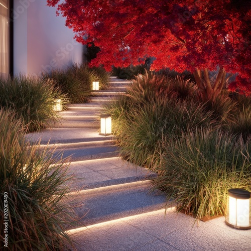 Pathway Lined With Lanterns and Plants in Front of a Colorful Tree During an ...