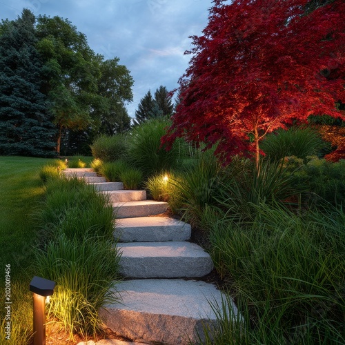 Pathway Lined With Lanterns and Plants in Front of a Colorful Tree During an ...