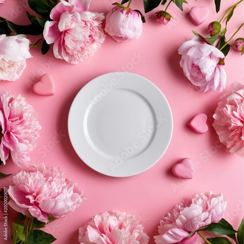 Pink Peonies and a White Plate Arranged on a Pink Background With Heart Shape...