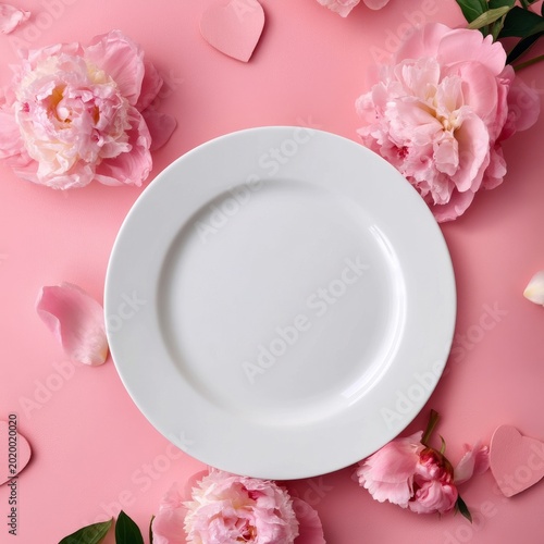 Decorative Plate Surrounded by Pink Flowers on Soft Pink Background With Hear...