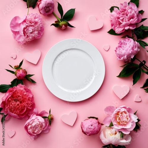 Pink Peonies and a White Plate Arranged on a Pink Background With Heart Shape...