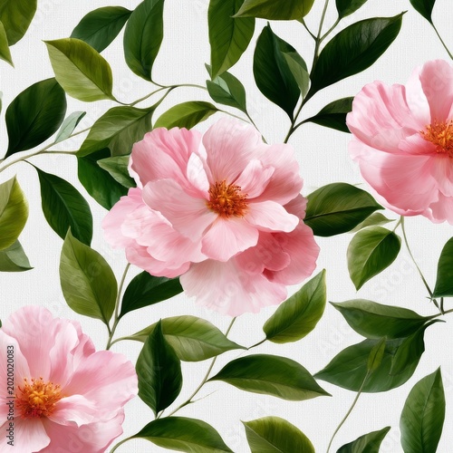 Bright Pink Flowers and Green Leaves Create a Nature Design on a Light Backgr...