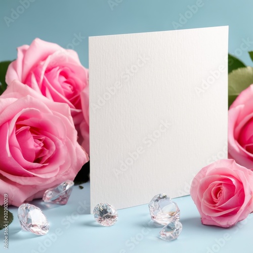 Bright Pink Roses Surround a Blank Card on a Blue Surface With Decorative Gems