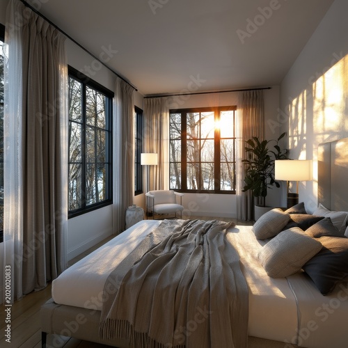 Sunlight Filters Into a Modern Bedroom With Large Windows and Simple Decor Du...