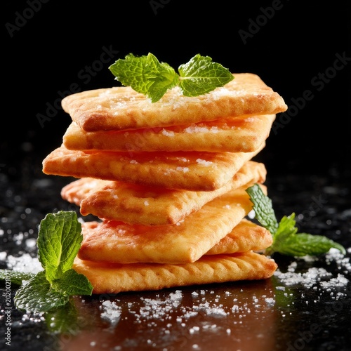 Stack of Baked Pastries With Mint on a Dark Surface in a Kitchen Setting Duri...