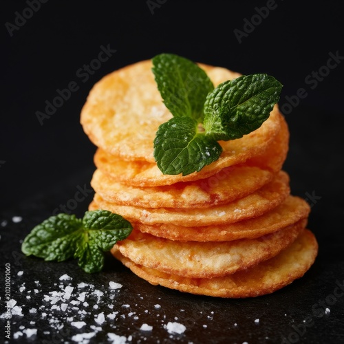 Stack of Baked Pastries With Mint on a Dark Surface in a Kitchen Setting Duri...