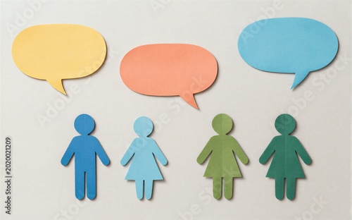 Tapety artystyczne Paper cutouts show diverse people with colorful speech bubbles above