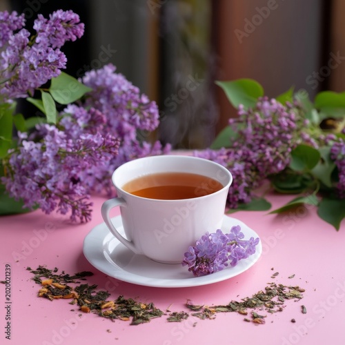 Cup of Tea on a Pink Table Surrounded by Lilac Flowers and Loose Tea Leaves