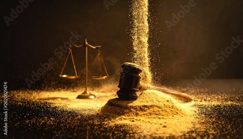 Symbolic image of justice with scales gavel and flowing golden sand
