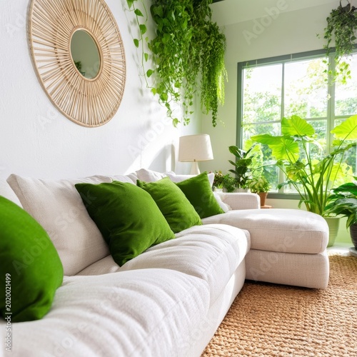 Modern Living Room With Green Plants and Natural Light in a Bright Space