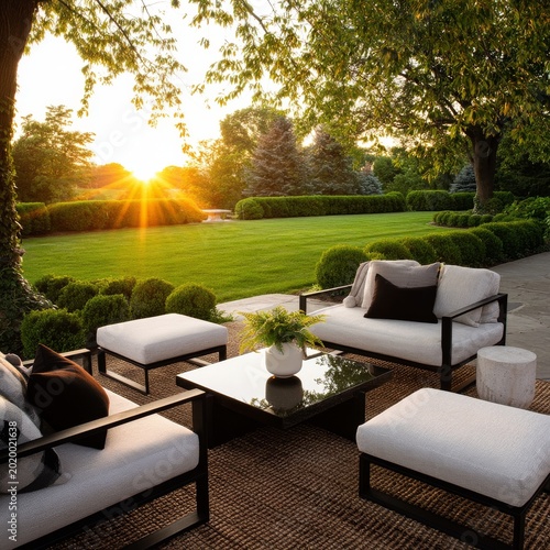 Sunset View From a Backyard Seating Area With Plants and Lawn