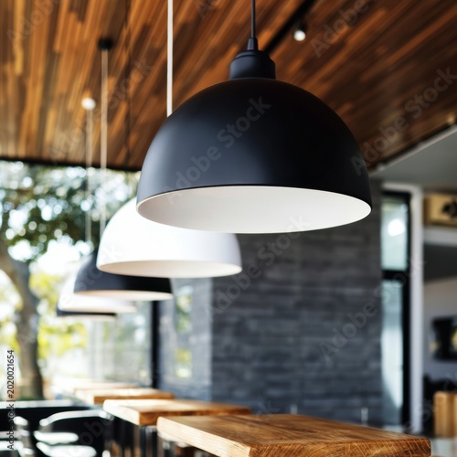 Light Fixtures Hanging in a Modern Cafe With Wooden Tables and Outdoor View D...