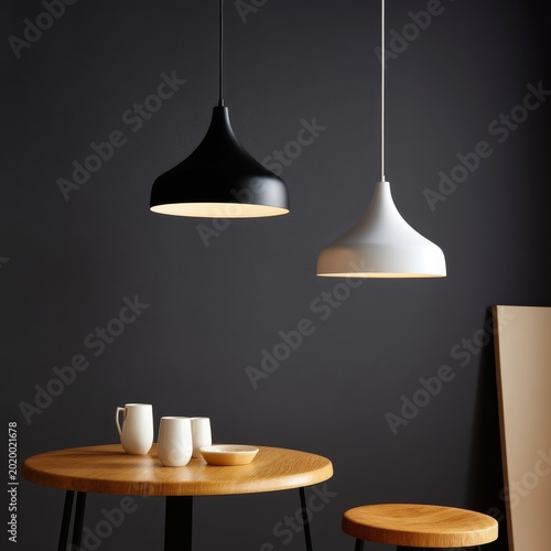 Modern Pendant Lights Over Wooden Table in Simple Interior Setting