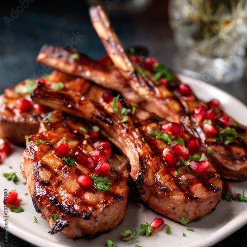 Grilled Meat Garnished With Pomegranate and Herbs on a Plate