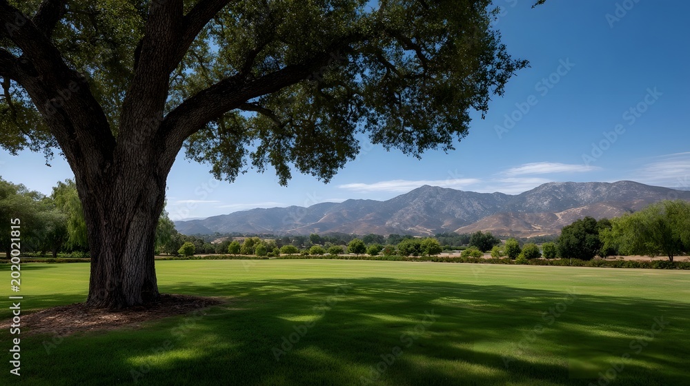 Obraz premium A large shade tree casts dramatic shadows over a lush green meadow providing a panoramic view of rolling mountains under a clear blue sky