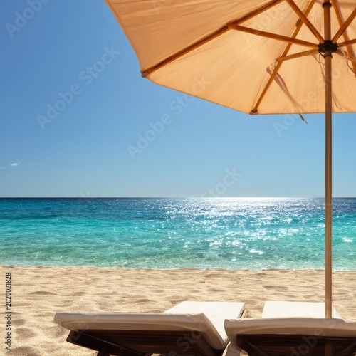 Relaxation Spot on Sunny Beach With Loungers and Umbrella Beside Ocean Water