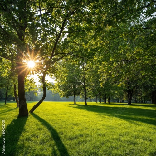 Sunlight Casts Shadows on Green Grass Under Trees in a Park During Late After...