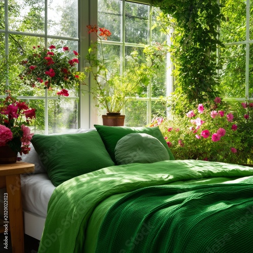 Cozy Green Bed Surrounded by Plants and Flowers in a Bright Room With Large W...