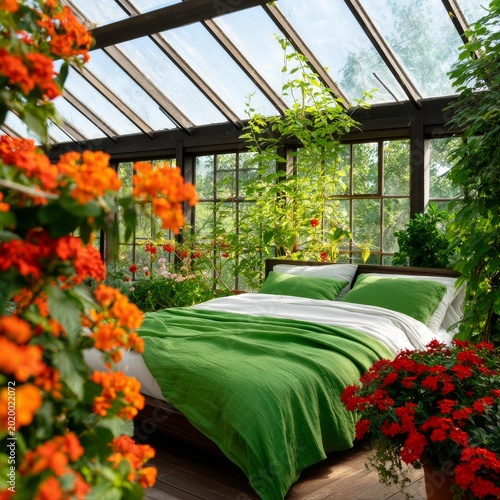 Cozy Green Bed Surrounded by Plants and Flowers in a Bright Room With Large W...