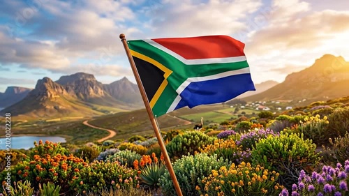 Slow motion pan and tilt tracking of south african flag waving on pole over coastal mountain wildflower landscape at sunrise