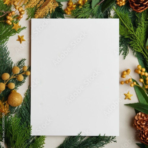 Seasonal Decoration With Green Leaves and Yellow Accents Around a Blank Space...