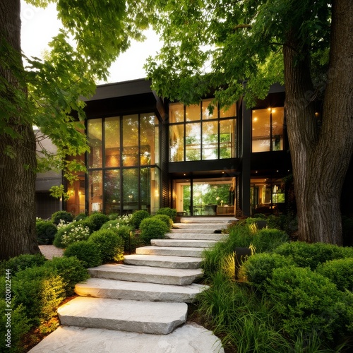 Modern House Set in a Garden With Stairs Leading to Glass Entrance