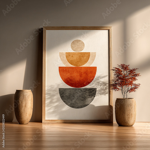 Mid-Century Modern Geometric Wall Art with Earthy Tones in Sunlit Minimalist Interior Setting with Wooden Frame