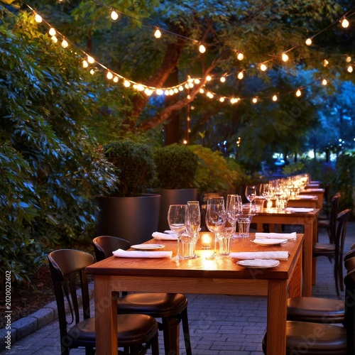 Outdoor Dining Setup With Lights and Tables in a Garden During Evening Time