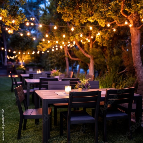 Outdoor Dining Setup With Lights at a Restaurant During Evening Hours