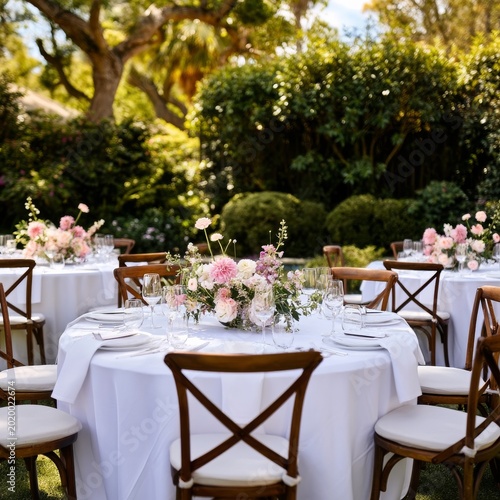Beautiful Garden Setup for a Special Event With Tables and Flowers in Bright ...