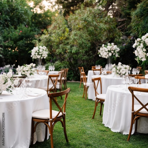 Outdoor Setting for a Gathering With Tables and Floral Arrangements Before Ev...