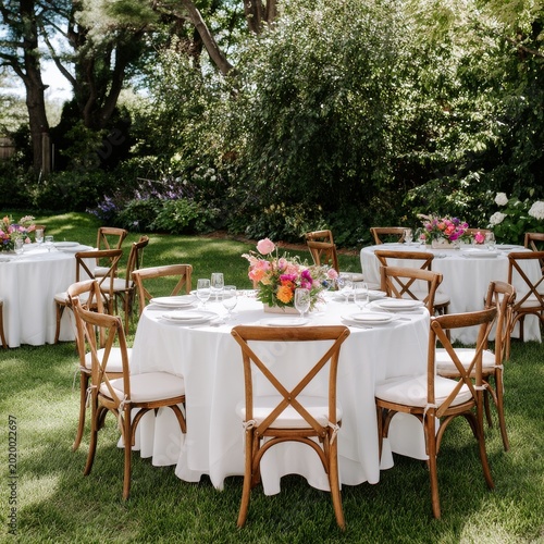 Beautiful Garden Setup for a Special Event With Tables and Flowers in Bright ...