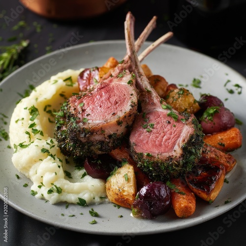 Delicious Lamb Chops Served With Vegetables and Mashed Potatoes on a White Plate