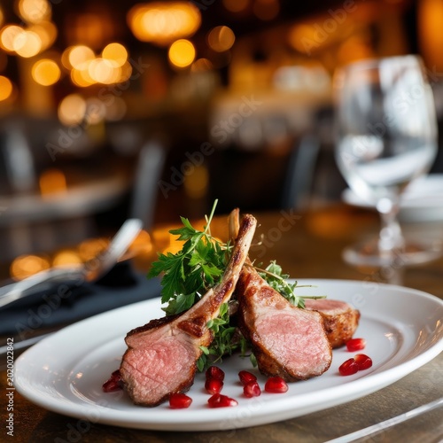 Enjoying Lamb Chops on a Plate With Pomegranate Seeds at a Dinner Table Durin...