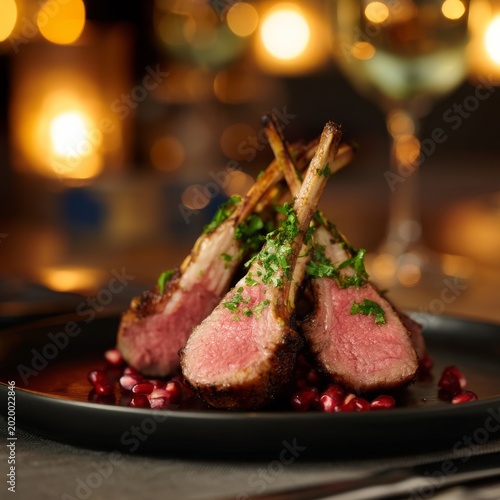 Grilled Lamb Ribs Served on a Plate With Garnishes in a Dining Setting During...
