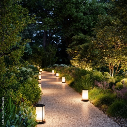 Walking Path With Lanterns in a Garden at Night Under a Clear Sky With Trees ...