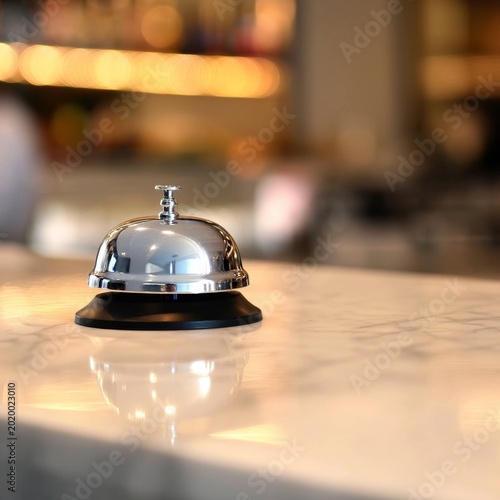 Small Metal Bell Sits on a Marble Counter in a Busy Restaurant Setting During...