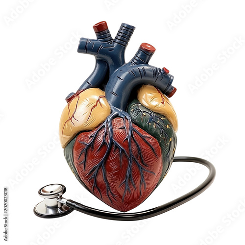 Anatomical human heart illustration, detailed cardiovascular organ model with arteries and veins, medical education concept isolated on Transparent Background