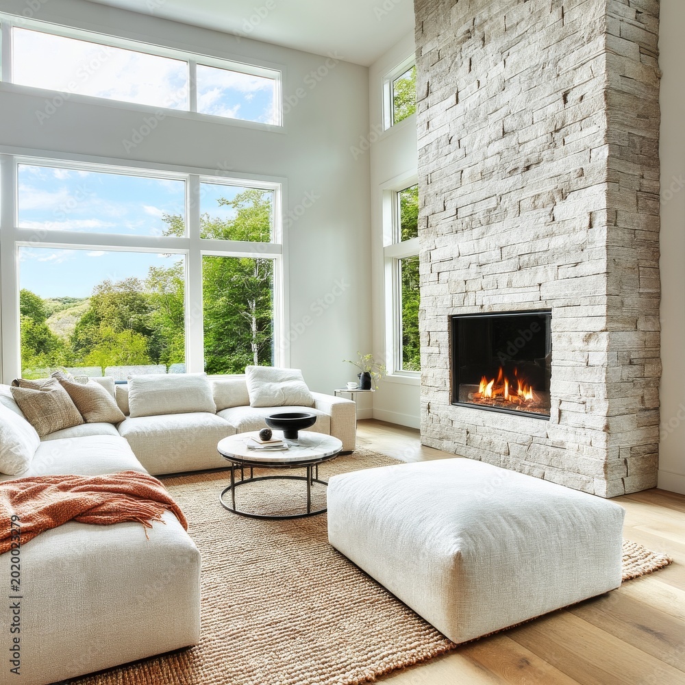 Fototapeta premium Cozy Living Room With Large Windows, Stone Fireplace, and Modern Furniture in a Bright Setting