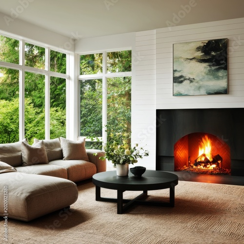 Modern Living Room With Large Windows and a Cozy Fireplace in a Green Natural...
