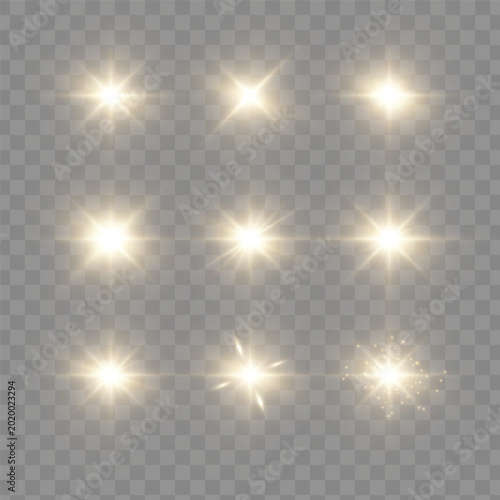 Tableau sur toile A set of golden light effects, laser lines, horizontal glow, flares, and stars