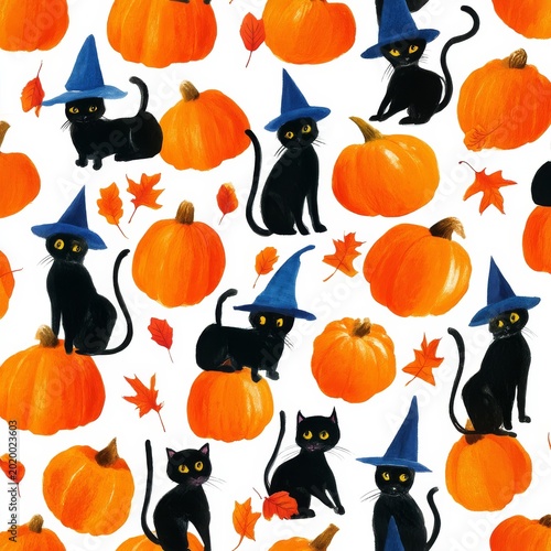 Black Cats in Witch Hats With Pumpkins and Autumn Leaves on a White Backgroun...