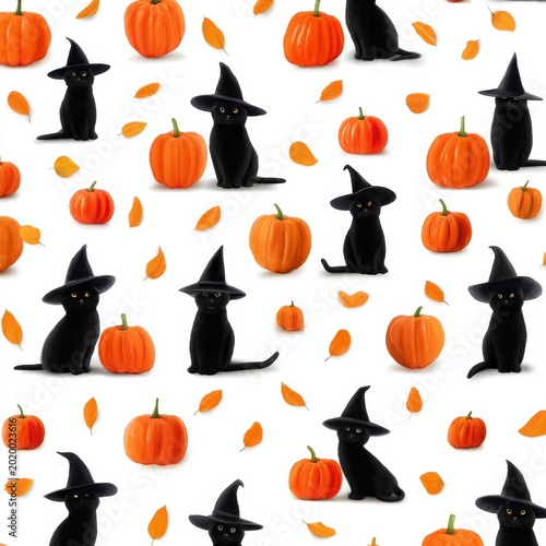 Halloween Theme With Cats and Pumpkins on a White Background During Autumn Se...