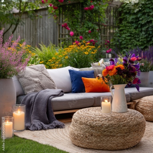 Outdoor Seating Area With Flowers and Candles in Garden During Evening