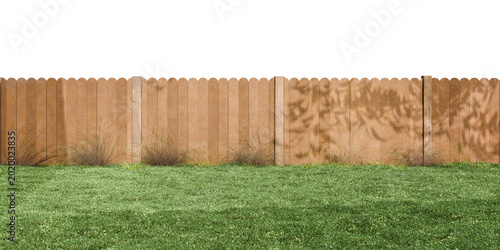 Wooden backyard fence with grass isolated 3D render