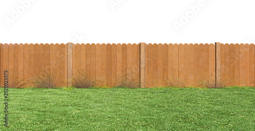 Wooden backyard fence with grass isolated PNG 3D render