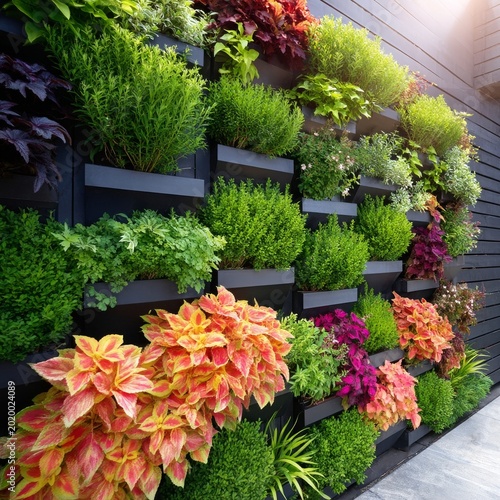 Green Wall With Plants and Flowers in a Garden Setting During Daytime in a Mo...