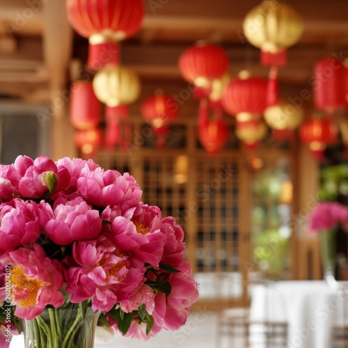 Colorful Flowers With Red Lanterns in a Festive Setting During a Celebration ...
