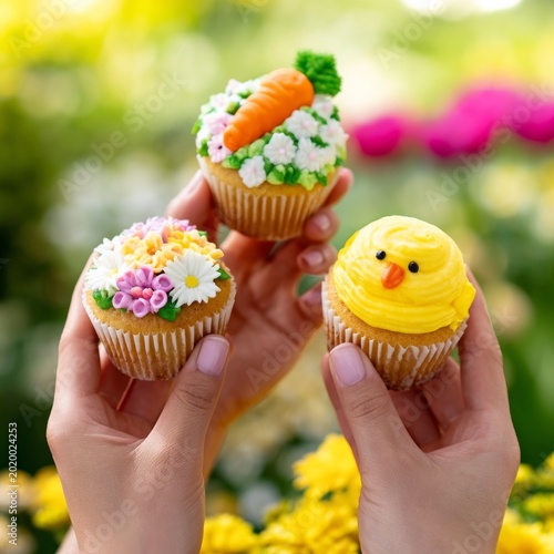 Three Colorful Cupcakes Held by Hands in a Garden During Spring With Flowers ...